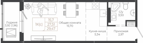 Планировка 1-комн 29,47 м²