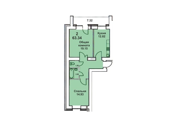 Планировка двухкомнатной квартиры 63,34 кв.м