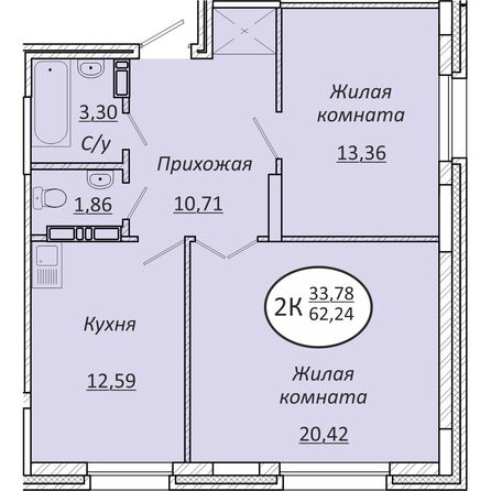 Планировка 2-комн 62,24 м²