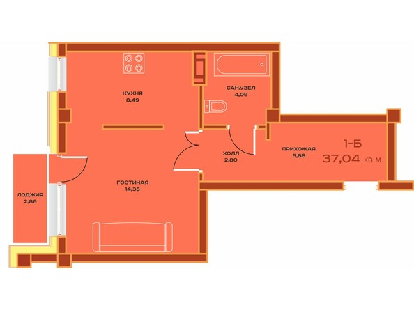 Планировка однокомнатной квартиры 37,04 кв.м