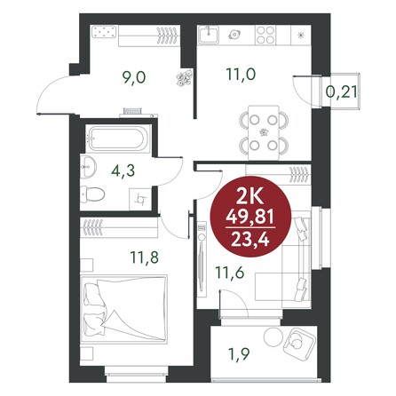 Планировка 2-комн 49,81 м²