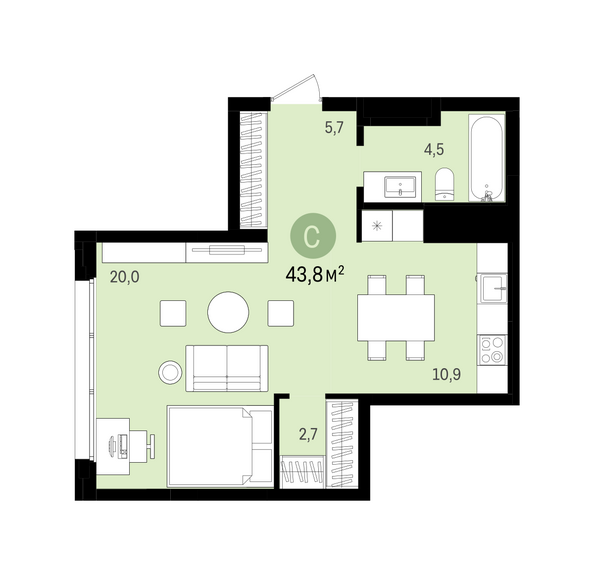 Планировка Студия 43,83, 44,35 м²