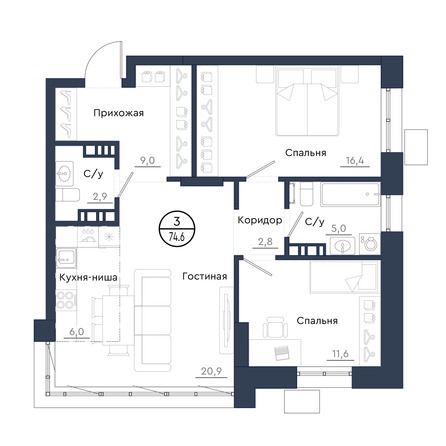 Планировка 3-комн 74,6 м²
