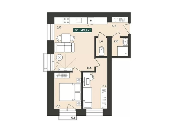 Планировка 3-комн 49,1 м²