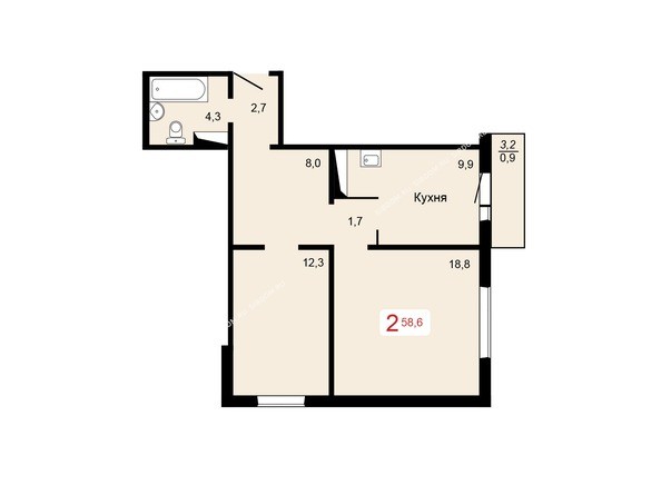 Планировка двухкомнатной квартиры 58,6 кв.м