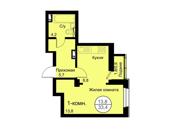 Планировка 1-комнатной квартиры 33,4 кв.м