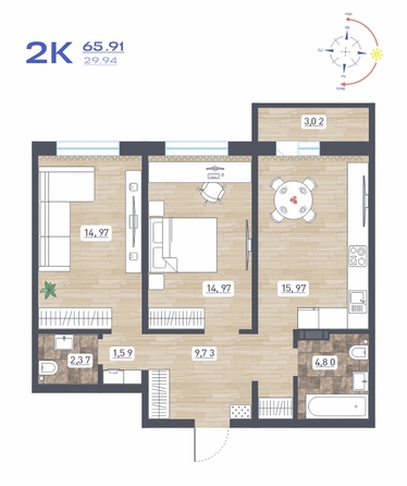 Планировка 2-комн 65,91 м²