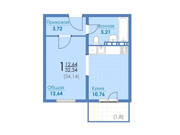 1-комнатная 32,34 и 34,14 кв.м