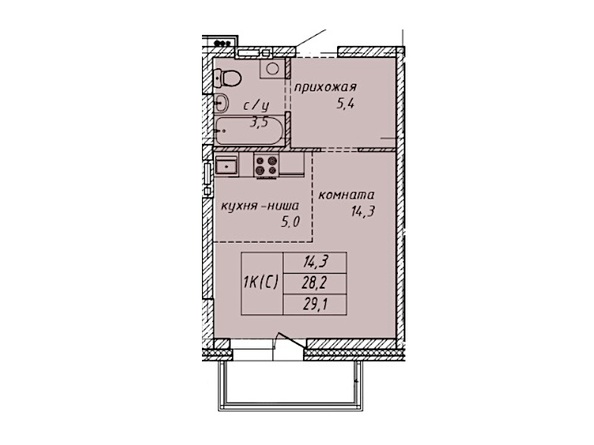 Планировка 1-комн 29,1 м²
