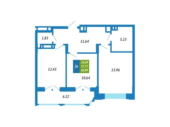 Планировка 2-комнатной квартиры 60,89 кв.м
