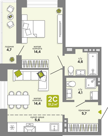 Планировка 2-комн 51,2, 51,3 м²