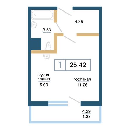 Планировка 1-комн 25,42 м²