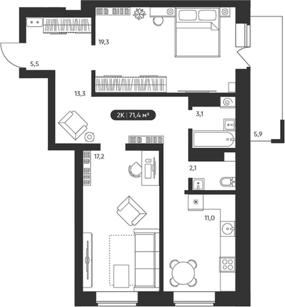 Планировка 2-комн 71,4 м²