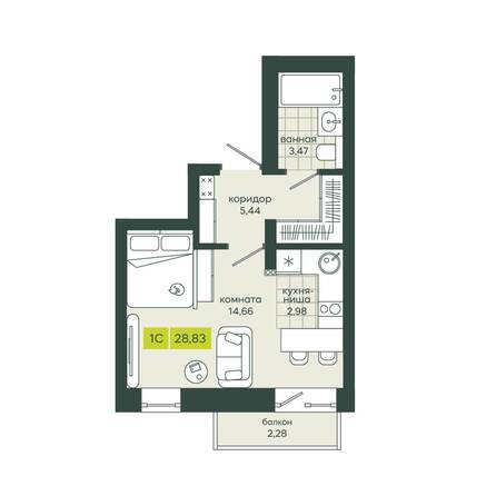 Планировка 1-комн 28,83 м²