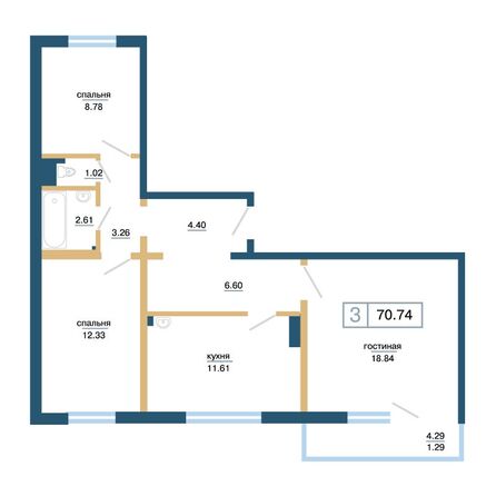 Планировка 3-комн 70,74 м²