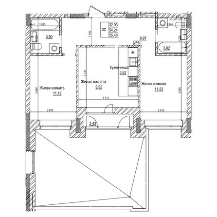 Планировка 2-комн 54,2 м²