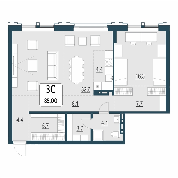 Планировка 3-комн 85 м²