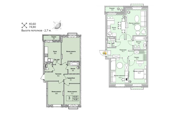 Планировка трехкомнатной квартиры 74,8 кв.м