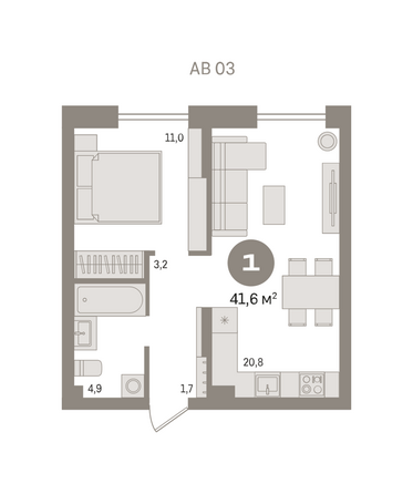 Планировка 1-комн 41,62 м²