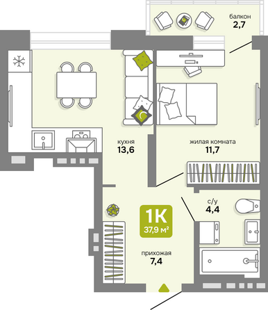 Планировка 1-комн 37,9 м²