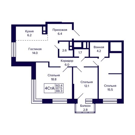 Планировка 4-комн 88,3 м²