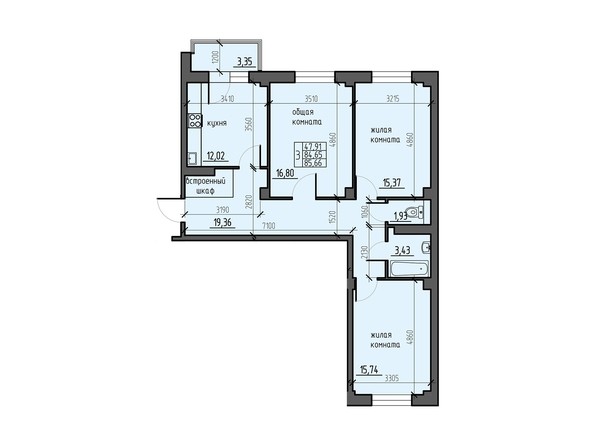 Планировка трехкомнатной квартиры 85,66 кв.м