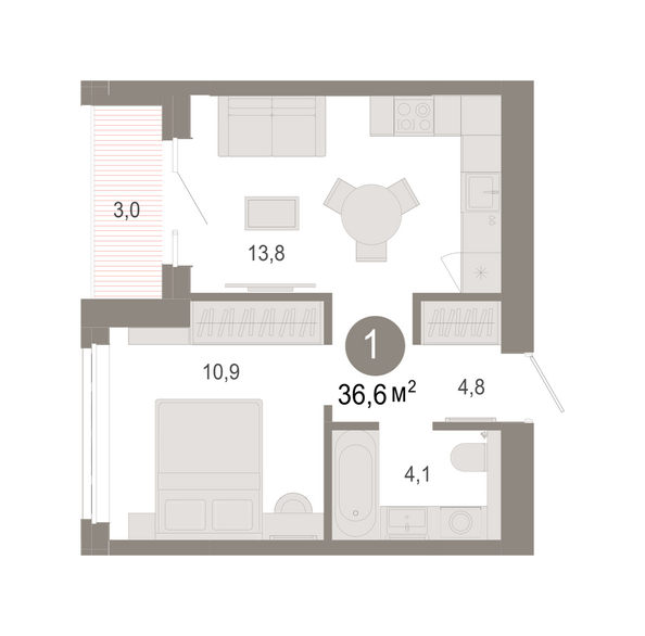 Планировка 1-комн 36,47 - 36,66 м²