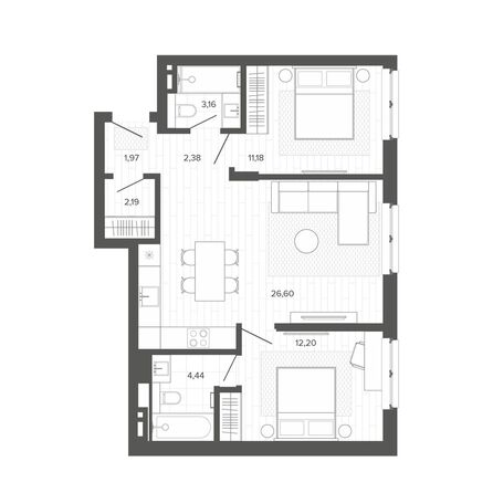 Планировка 3-комн 64,13 м²