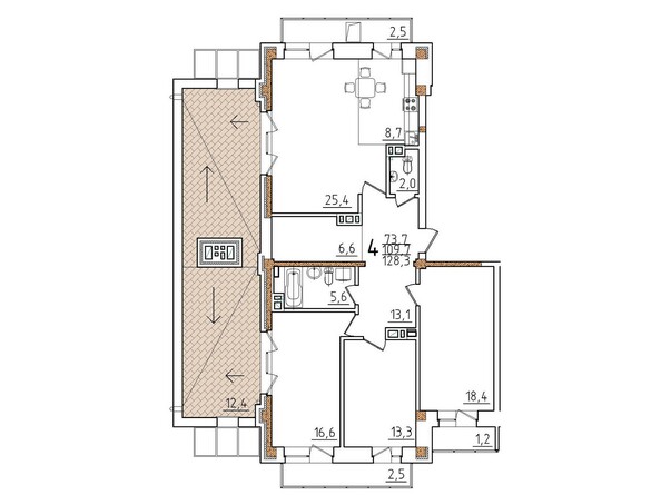 Планировка четырехкомнатной квартиры 128,3 кв.м
