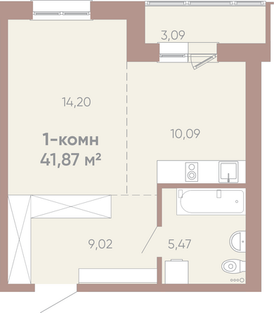 Планировка 1-комн 41,87 м²