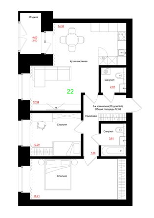 Планировка 3-комн 72,08 м²