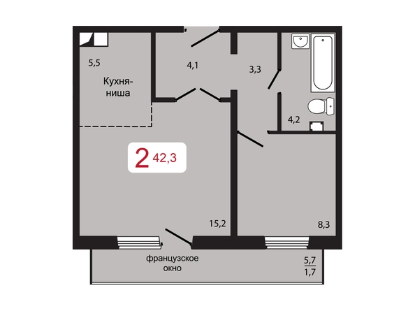 Планировка 2-комн 42,3 м²