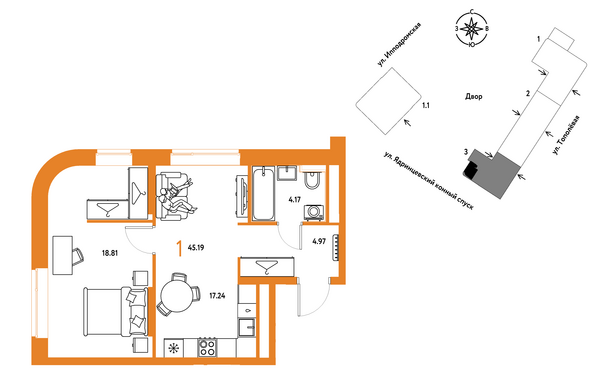 Планировка 1-комн 45,19 м²