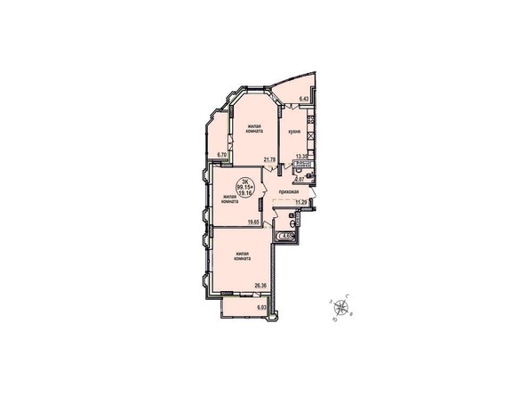 Планировка трехкомнатной квартиры 99,15 кв.м