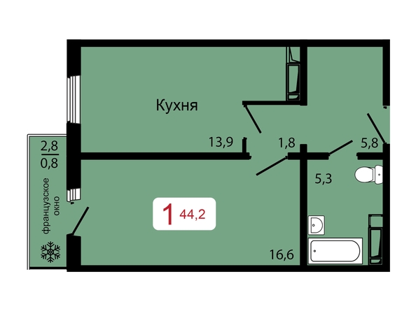 Планировка 1-комн 44,2 м²