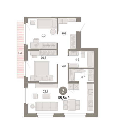 Планировка 2-комн 65,54 м²