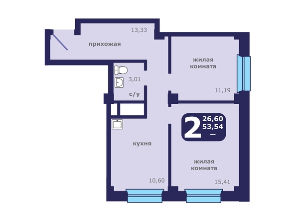 Планировка 2-комн 53,54 м²