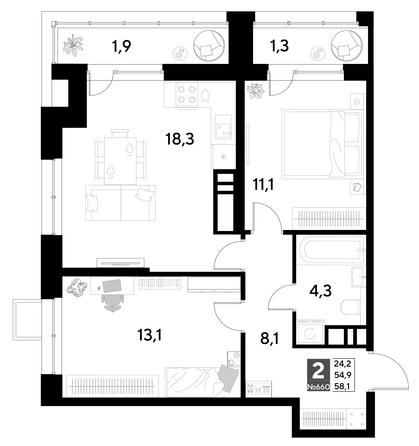 Планировка 2-комн 58,1 м²