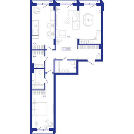 Планировка 3-комн 105,03 м²