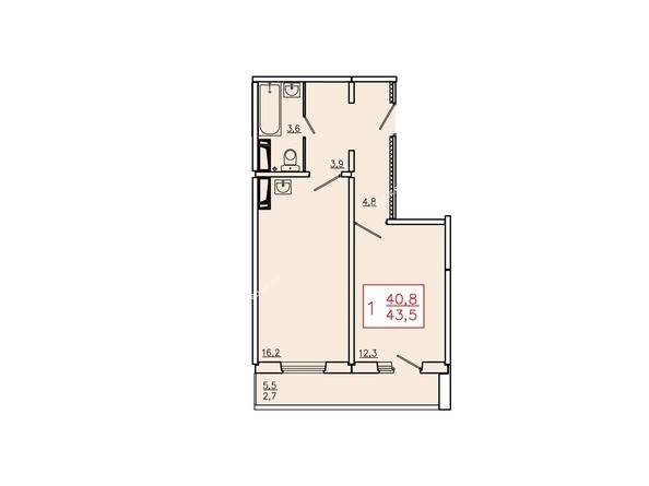 Планировка однокомнатной квартиры 43,5 кв.м. Этаж 17.