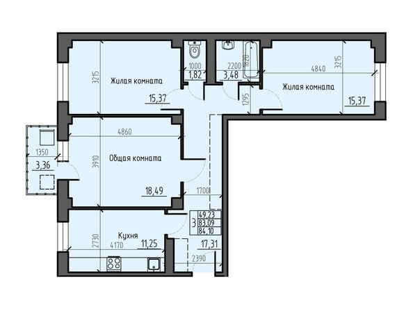 Планировка трехкомнатной квартиры 84,10 кв.м