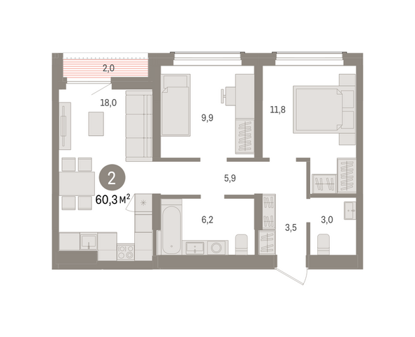 Планировка 2-комн 60,25 м²