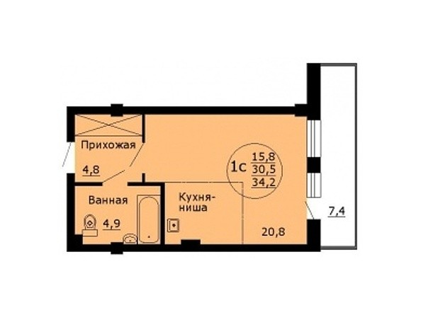 1-комнатная 34,2 кв.м