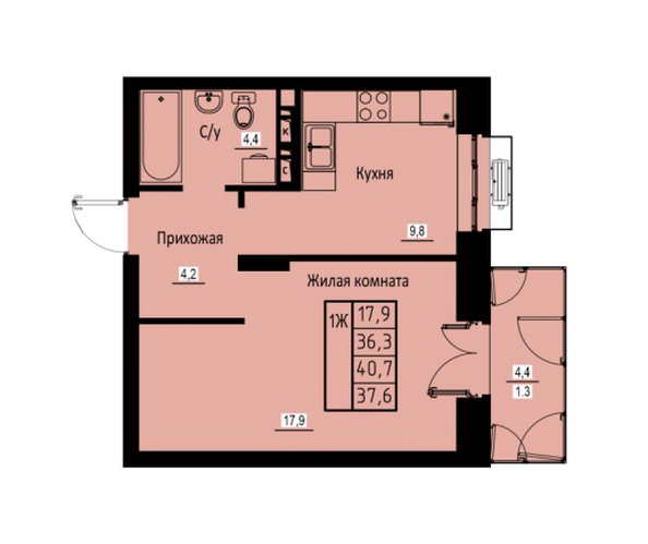 Планировка 1-комн 37,6 м²