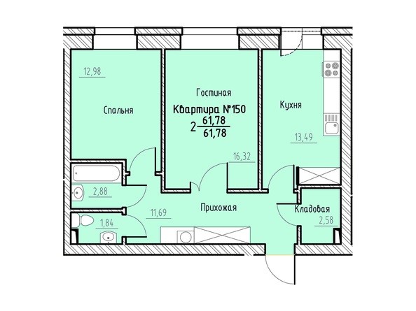 Планировка двухкомнатной квартиры 61,78 кв.м
