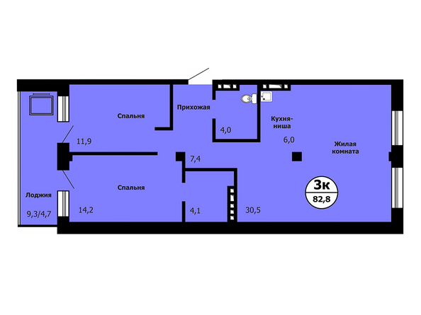 Типовая планировка 3-комнатной квартиры 82,8 кв.м