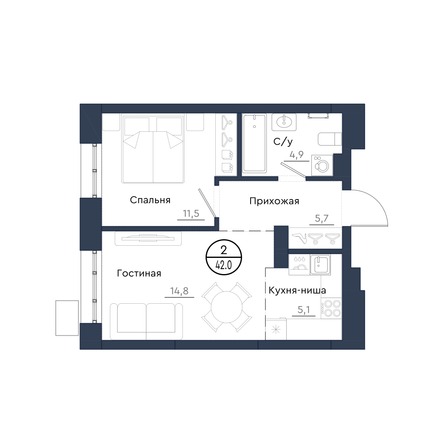 Планировка 2-комн 42 м²