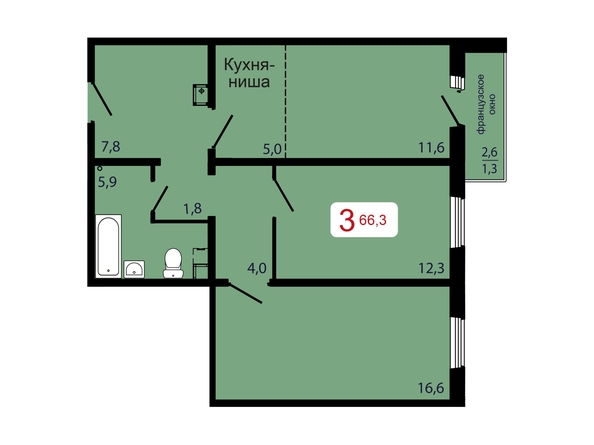 Планировка 3-комн 66,3 м²