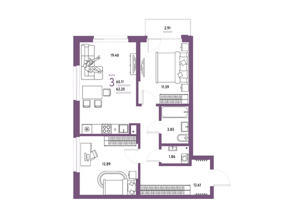 Планировка 3-комн 65,11 м²