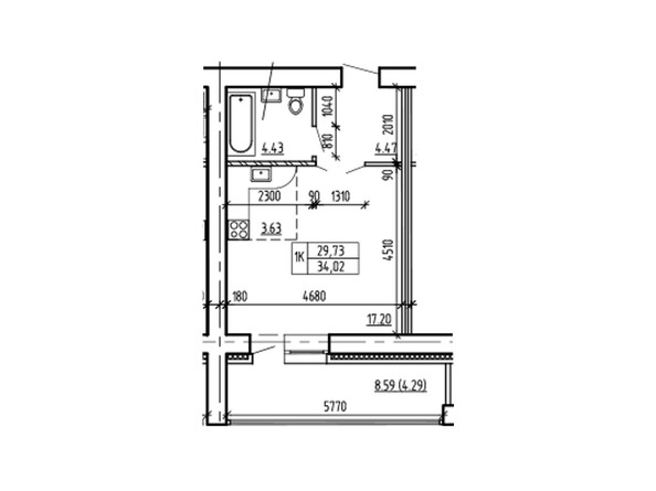 Планировка однокомнатной квартиры 34,02 кв.м